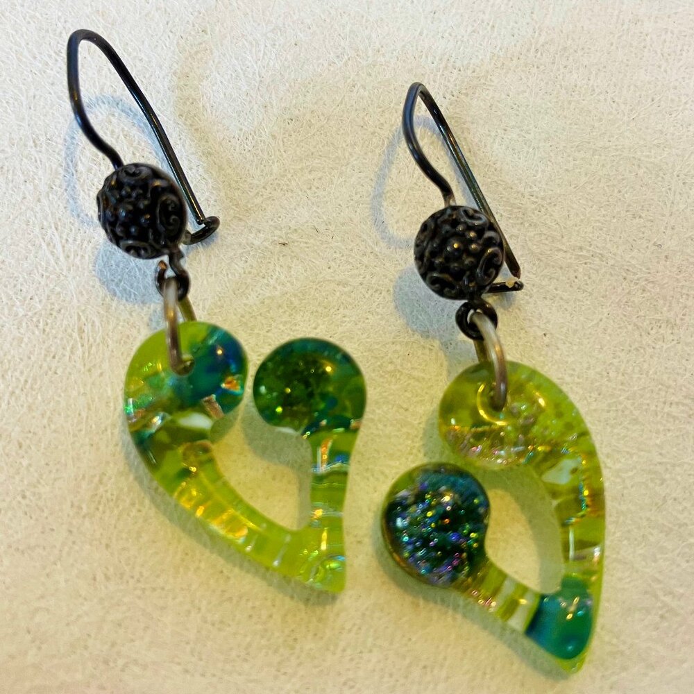 Heart Earrings Lime Green Dichroic Fused Glass Handmade Sterling Silver Dangle